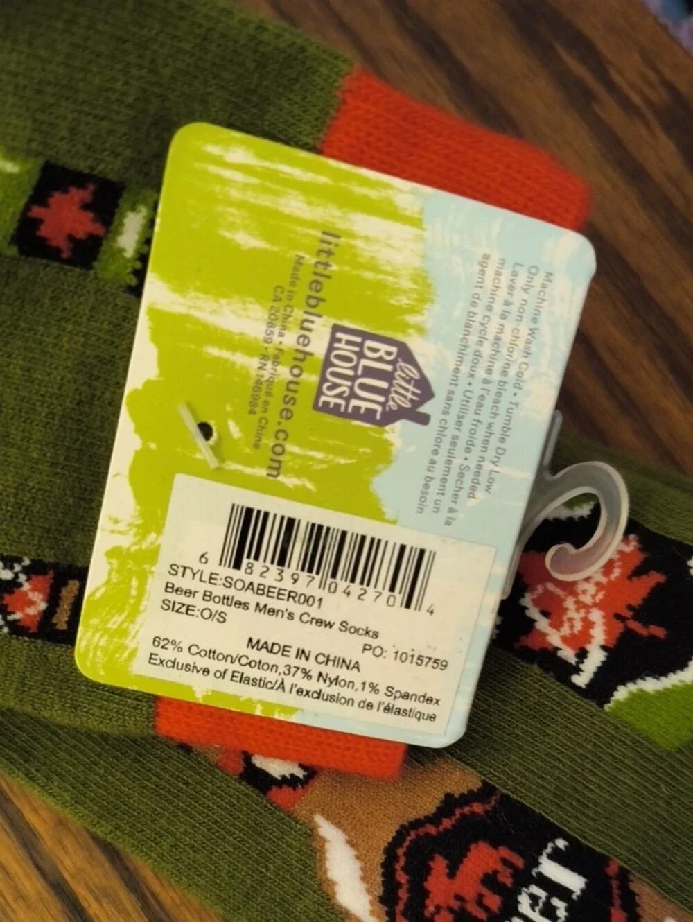 Men's Olive Green Beer Bottle Crew Socks with Orange Accents